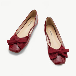 Bowknot Square Flats Patent Leather Red