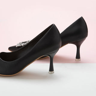 Stylish Black Crystal Buckle Leather Pumps: Modern Elegance