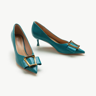 Geometric Buckle Kitten Heel Pumps Peacock Blue