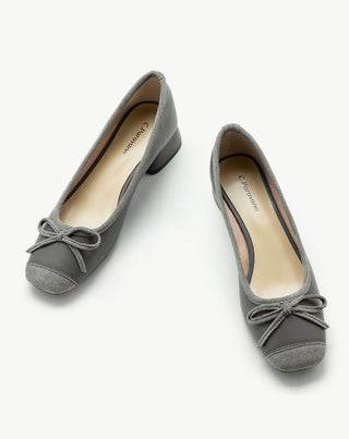 Grey Bowknot Low Heels - Versatile Women's Footwear