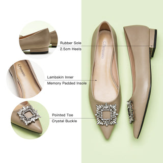 Step into timeless elegance with these camel flats featuring a crystal buckle, perfect for a polished and refined look.