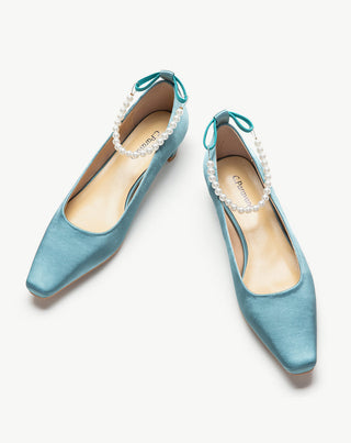 Blue Low Heel Shoes with Delicate Pearl Straps