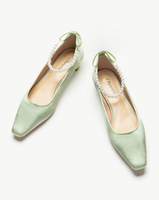 Green Low Heel Shoes with Elegant Pearl Straps