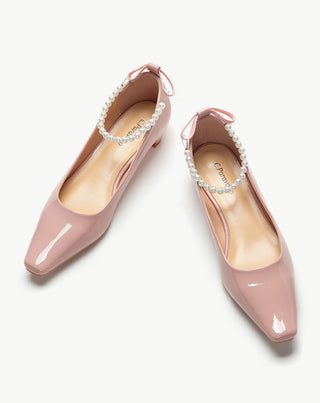 Pink Low Heel Shoes with Elegant Pearl Straps