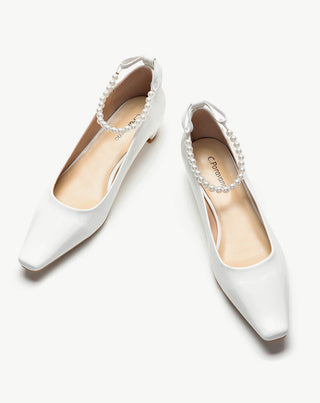 White Low Heel Shoes with Delicate Pearl Straps