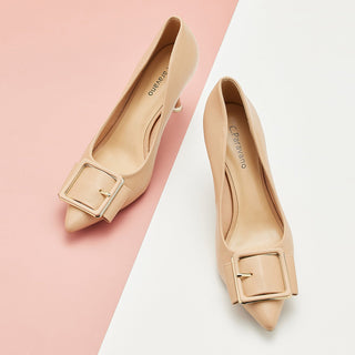 Timeless Elegance: Elegant Square Buckled Pumps in Beige